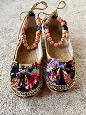 Boho Floral Wedge Flats Beaded Adjustable Ankle Strap Bow Multicolor EU 39